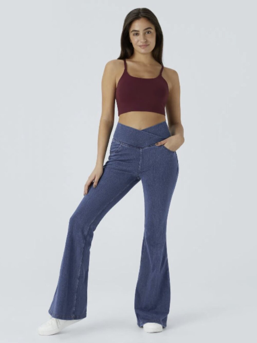Halara Flex High Waisted Crossover Pocket Washed Casual Jeans Size Medium Flare